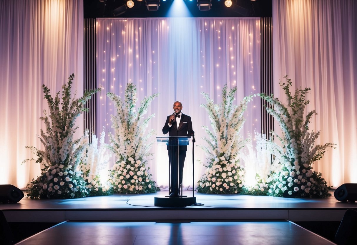 A grand stage with a microphone and spotlight, surrounded by elegant floral arrangements and twinkling lights