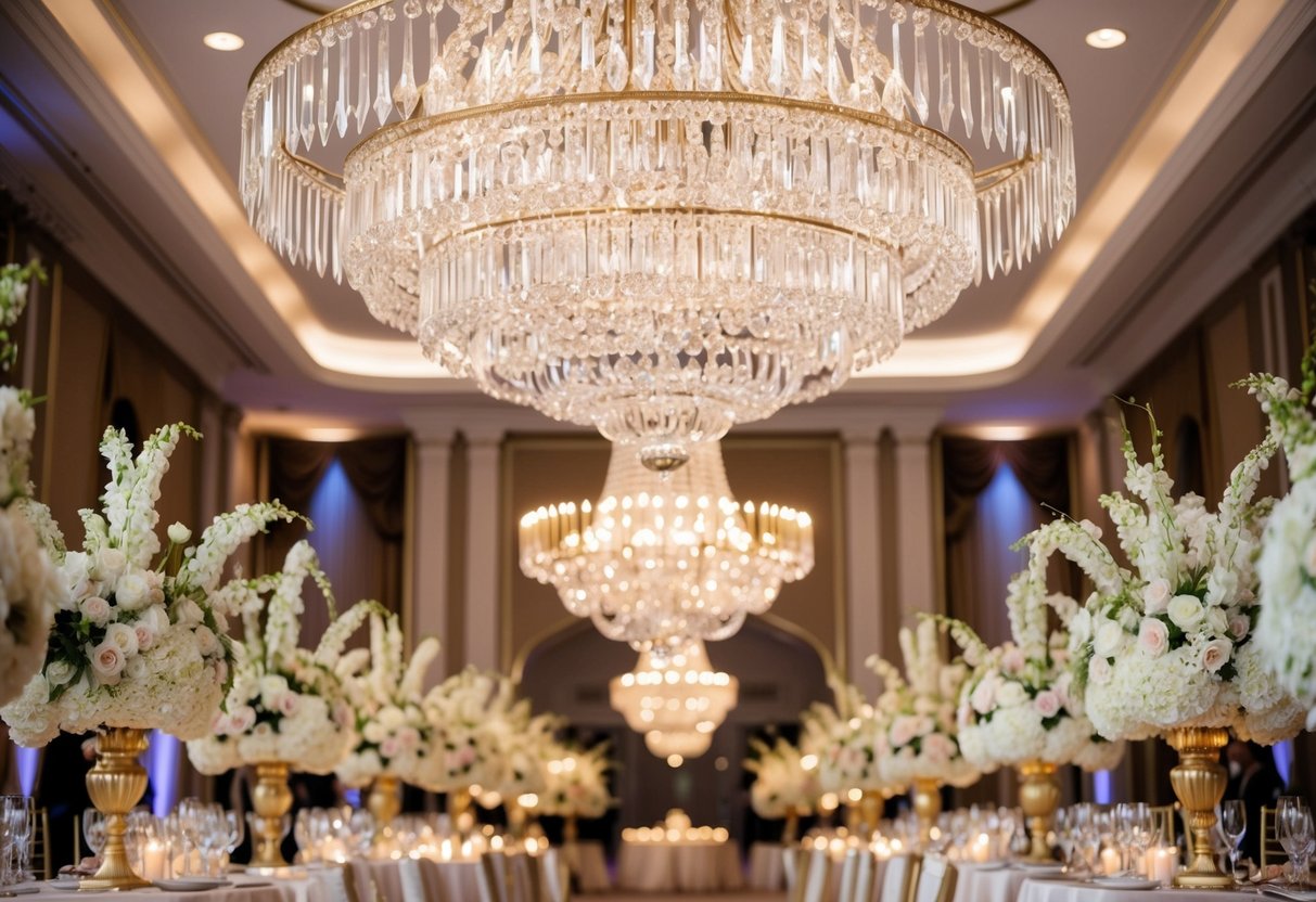 A grand crystal chandelier illuminates a lavish reception hall, with opulent floral centerpieces and gilded decor