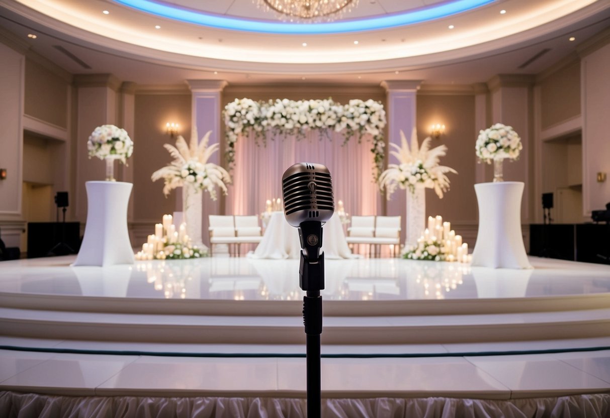 A grand wedding venue with a stage set for a performance, adorned with elegant decor and a microphone ready for Adele's iconic voice