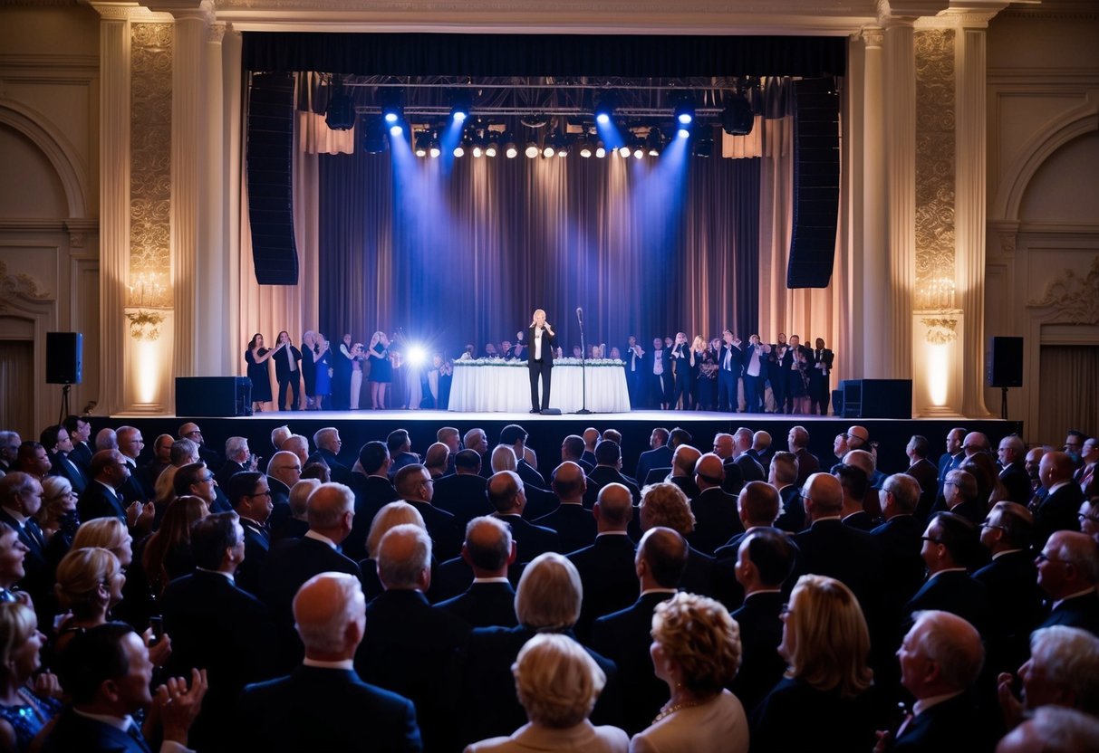 A grand stage with a microphone and spotlight, surrounded by elegant decor and a crowd of excited guests