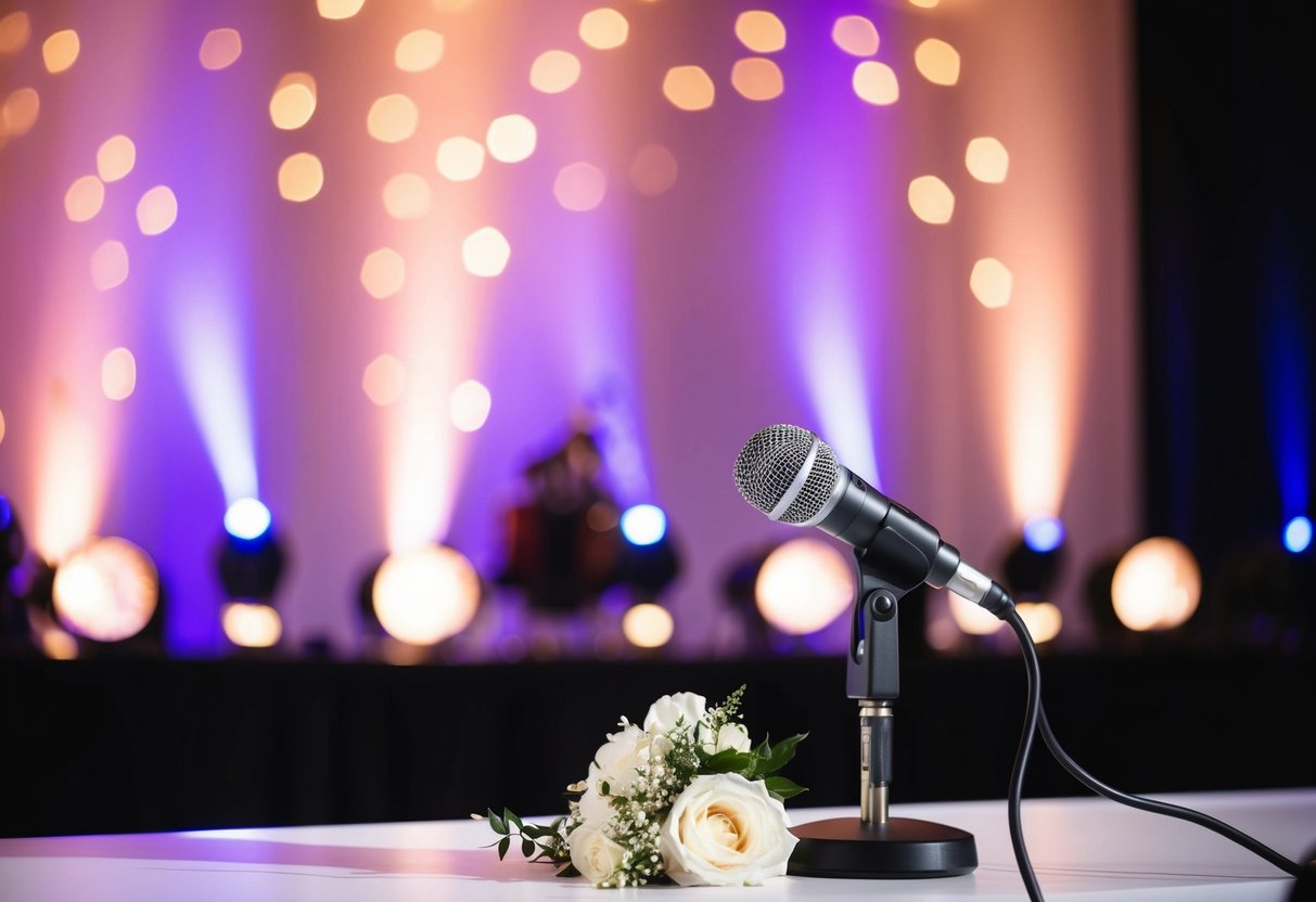A stage set with a microphone, spotlight, and wedding decor