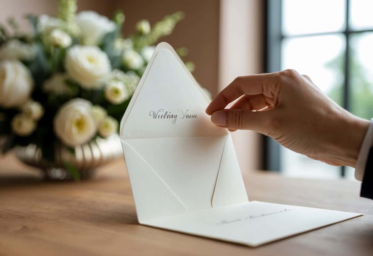 A hand reaching for an elegant wedding invitation with a blank space for the recipient's name