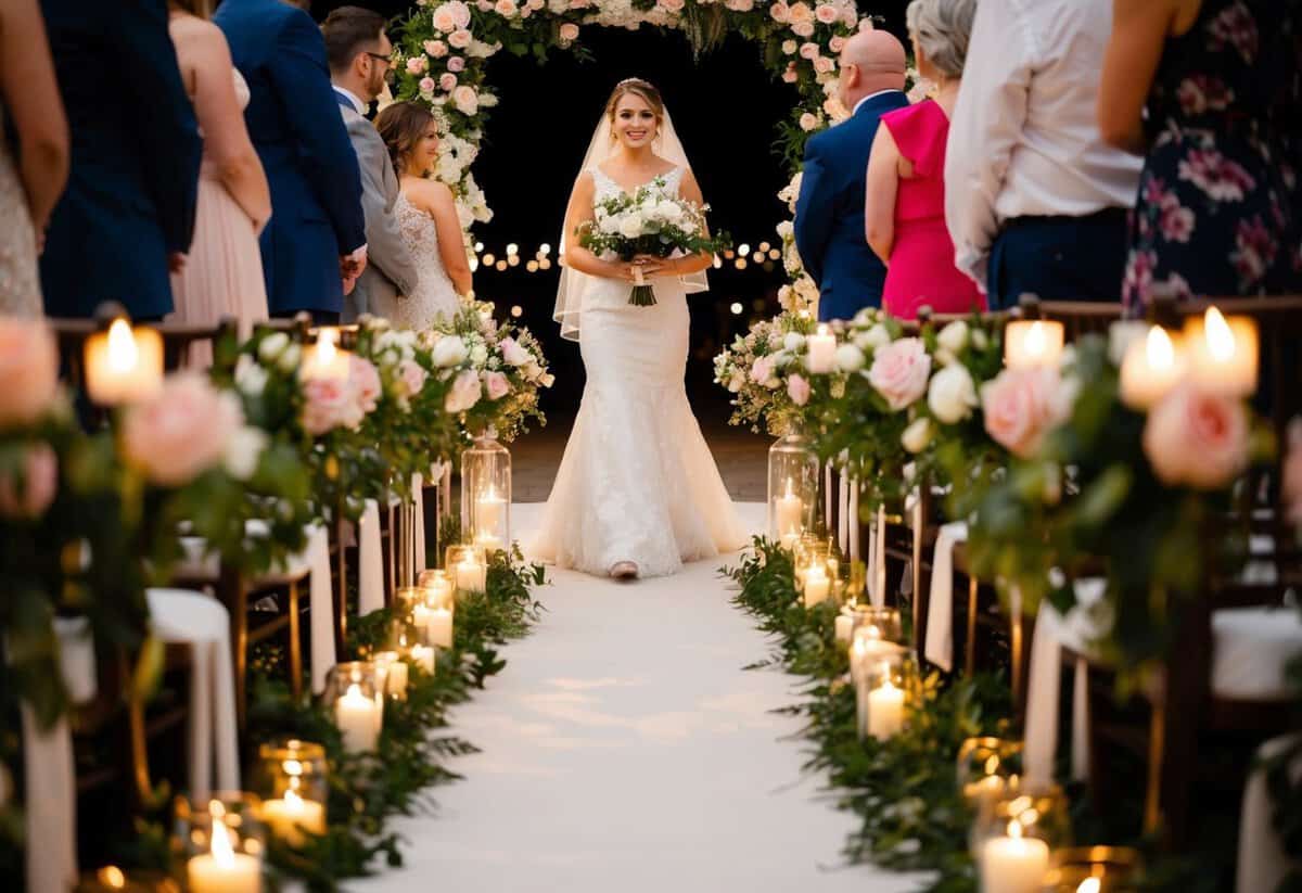 A bride walks down the aisle to the sound of soft, romantic music, surrounded by flowers and flickering candlelight