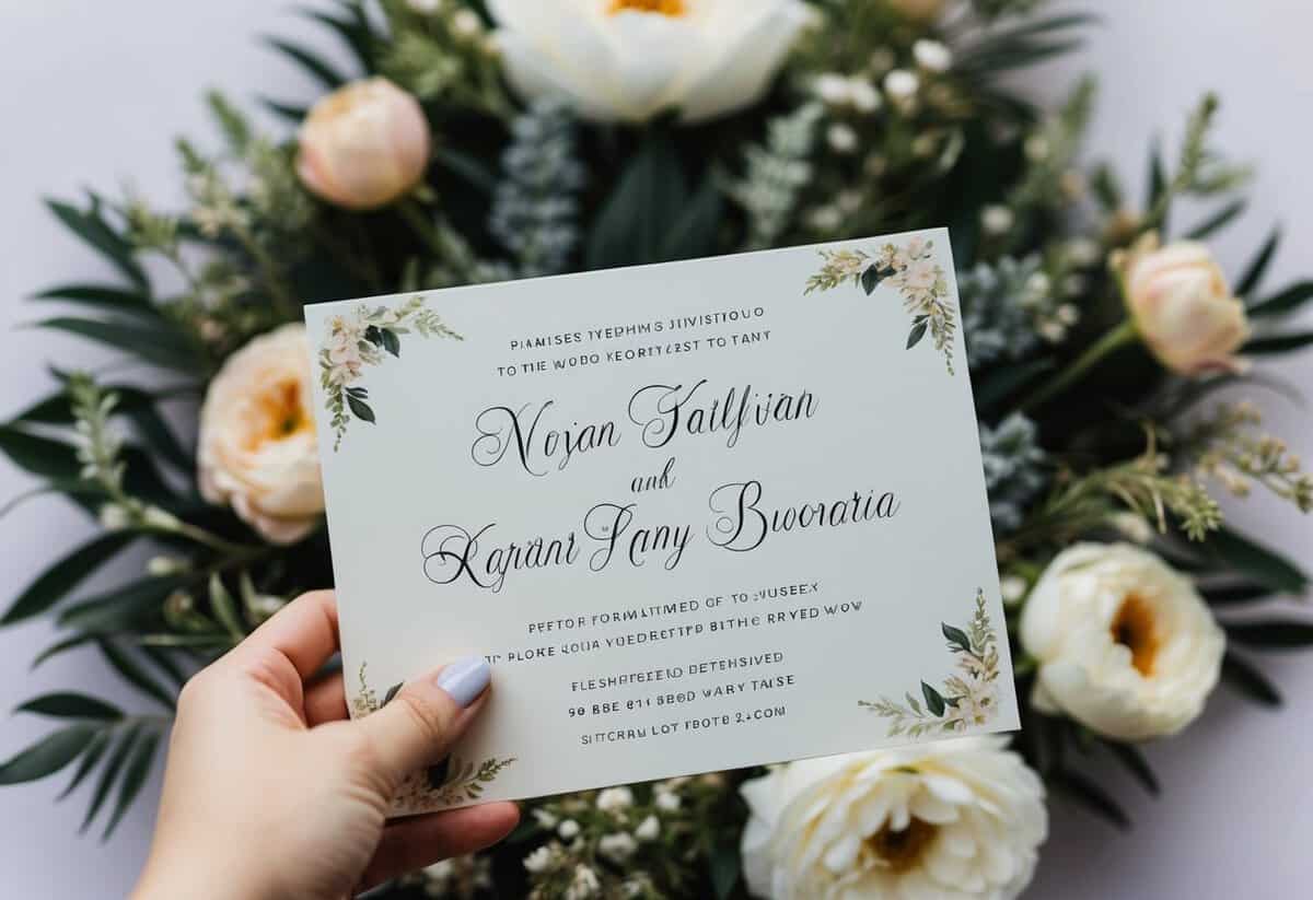A hand holding a wedding invitation with two names written in elegant calligraphy, surrounded by floral and decorative elements