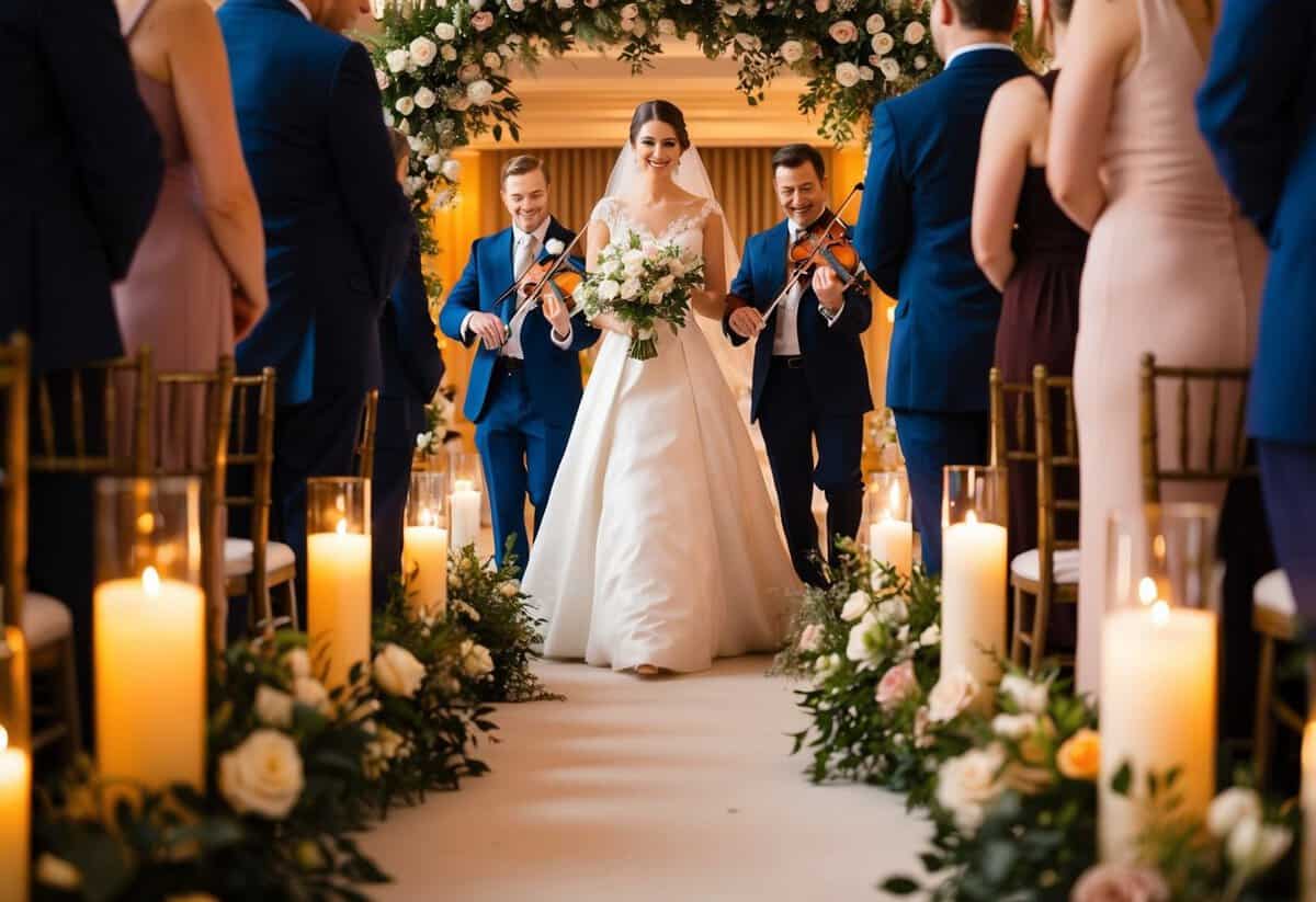 The bride walks down the aisle to the soft music of a string quartet, surrounded by the warm glow of candlelight and the sweet scent of fresh flowers