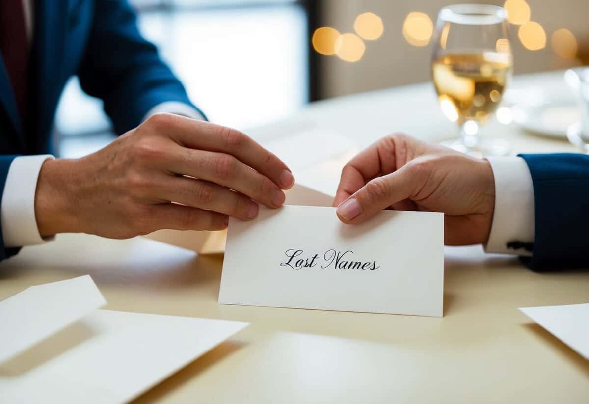 A hand addressing wedding invitations with a blank space for last names