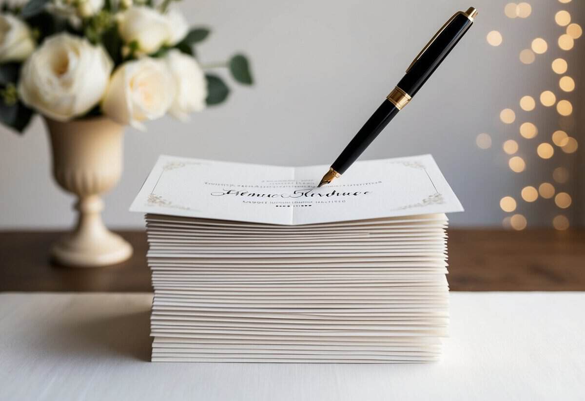 A neatly arranged stack of elegant wedding invitations, with a calligraphy pen poised to add the final touch of the last names