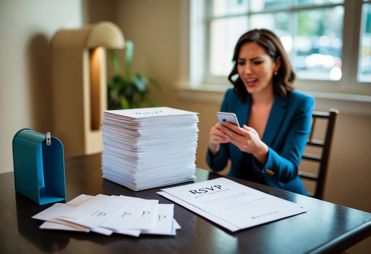 A stack of unopened RSVP cards sits on a table next to an empty mailbox, while a frustrated host looks at their phone