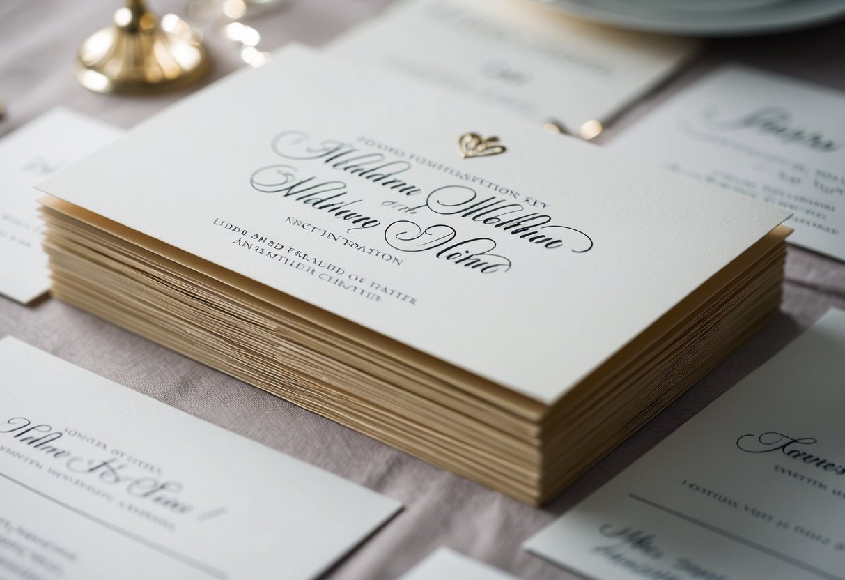A stack of elegant wedding invitations, each with a last name printed in beautiful calligraphy, ready to be addressed and sent out
