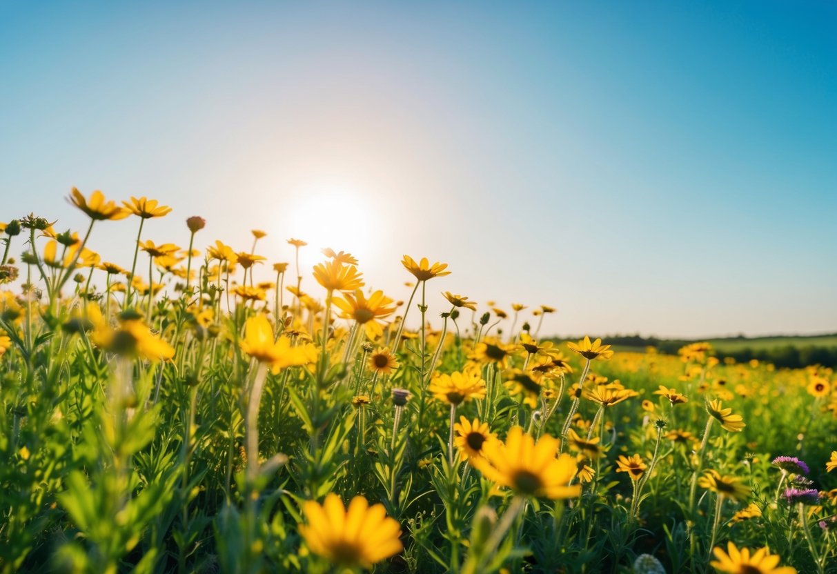A vibrant field of wildflowers in full bloom under a clear blue sky, with the sun casting a warm, golden glow over the landscape