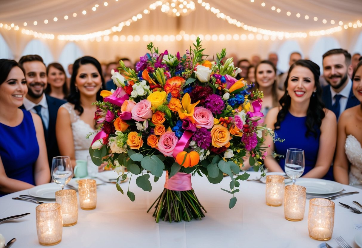 A vibrant wedding bouquet bursting with colorful flowers and ribbons, surrounded by smiling guests and twinkling fairy lights