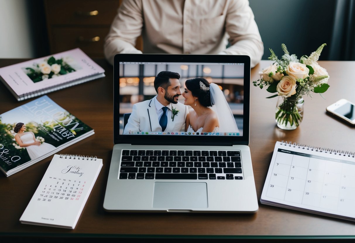 A laptop open on a desk, surrounded by wedding magazines and a calendar. A couple sits together, discussing and planning