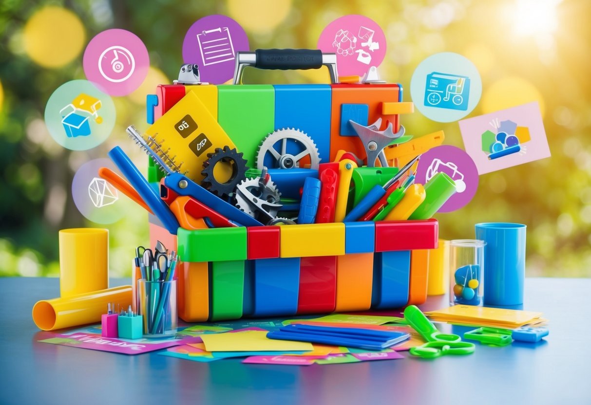 A colorful, vibrant toolbox overflowing with planning tools and resources, surrounded by joyful, whimsical imagery and symbols
