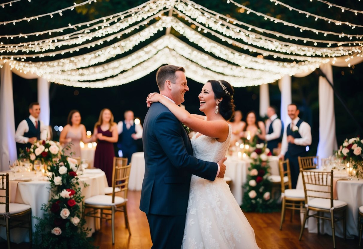 A couple dances under a canopy of twinkling lights, surrounded by lush floral arrangements and elegant table settings. Laughter and music fill the air, creating a joyful and romantic atmosphere