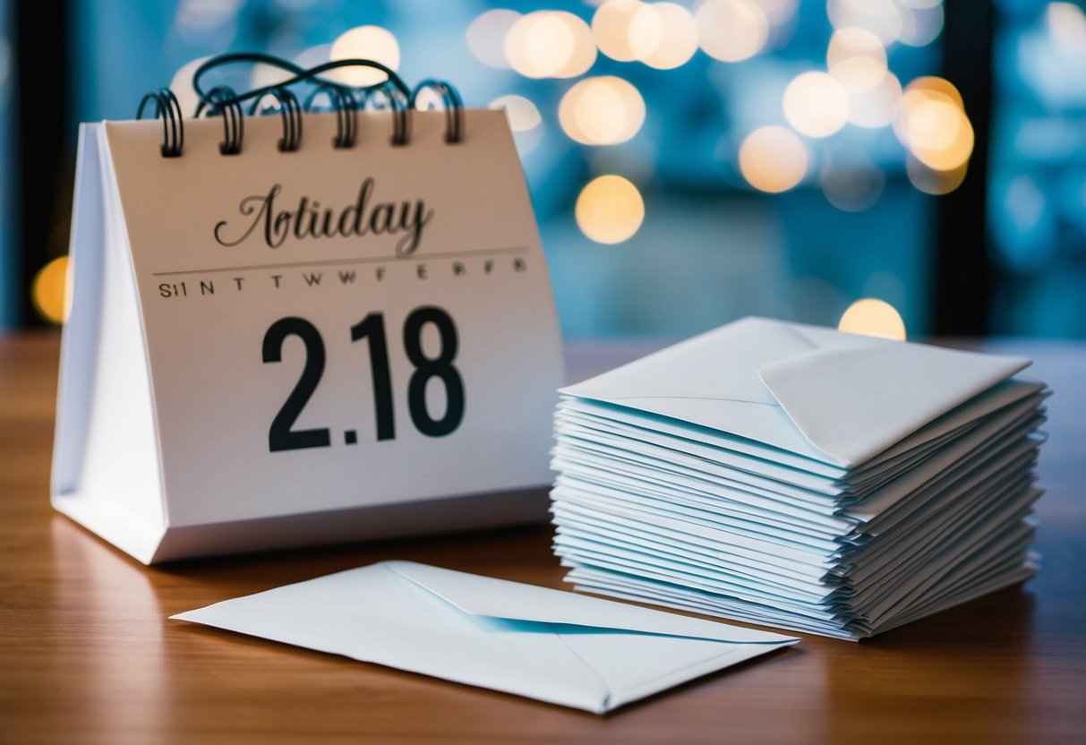 A calendar with a highlighted date for the wedding and a stack of envelopes for the invites