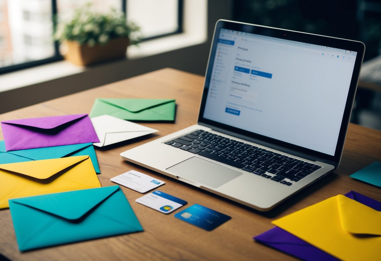 A laptop open on a desk with a credit card nearby, surrounded by colorful envelopes and invitations