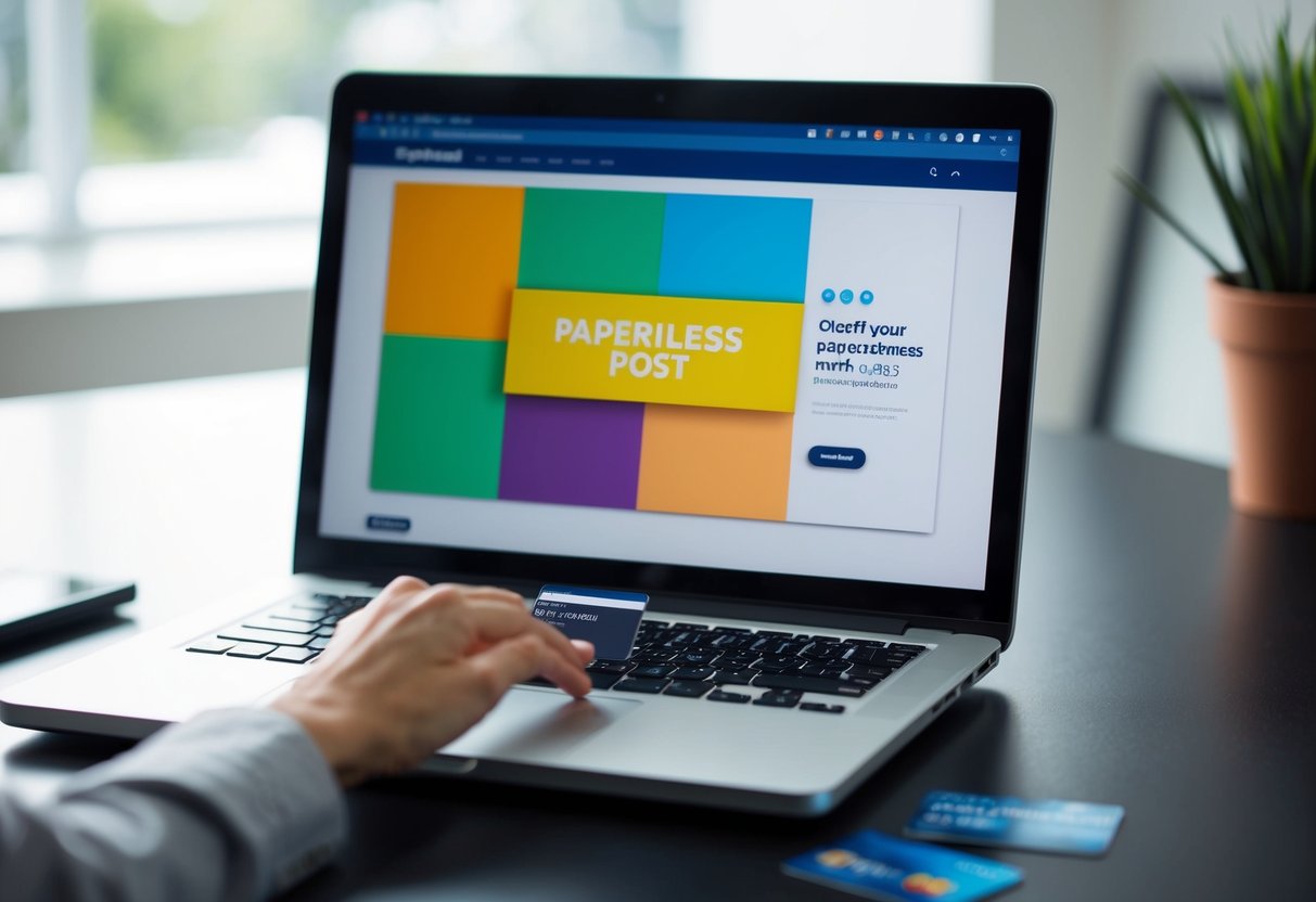 A laptop open on a desk, with a colorful Paperless Post website displayed on the screen. A hand reaches for a credit card