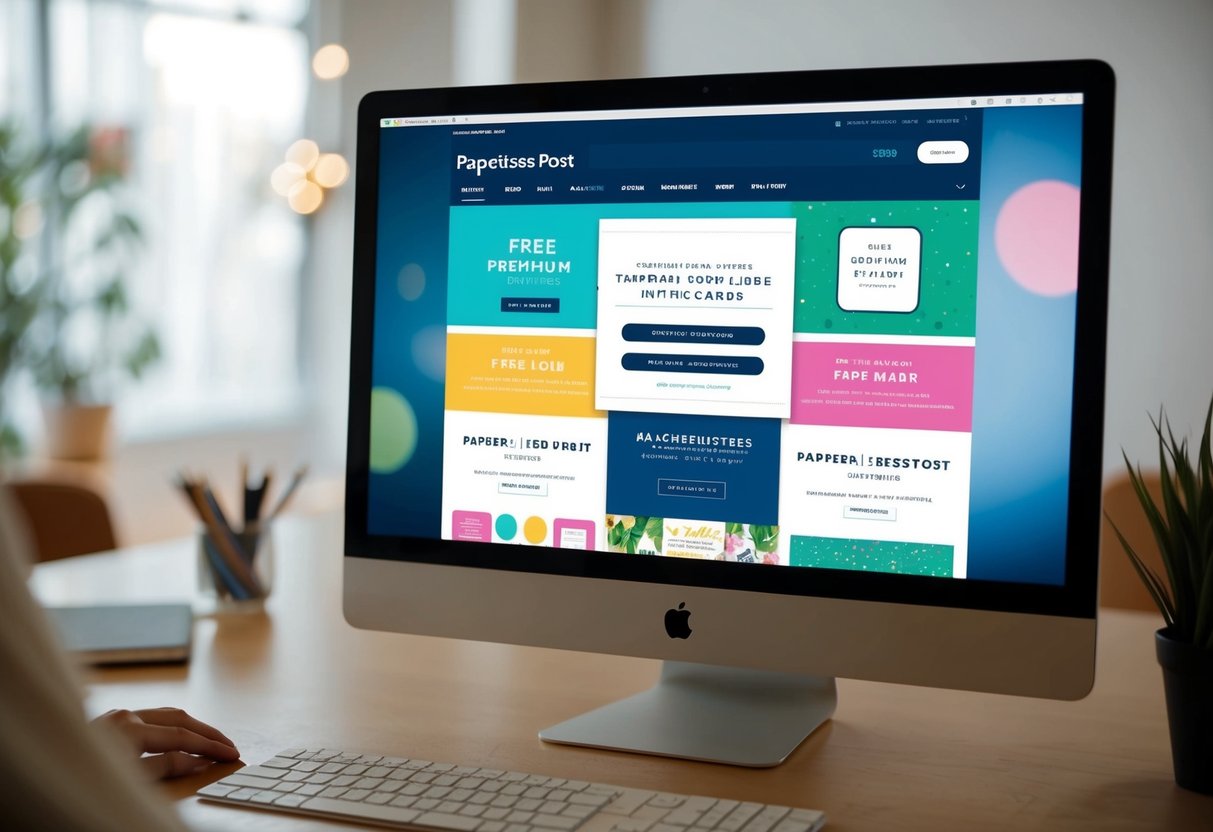 A computer screen displaying Paperless Post's free and premium offerings, with colorful and stylish digital invitations and cards