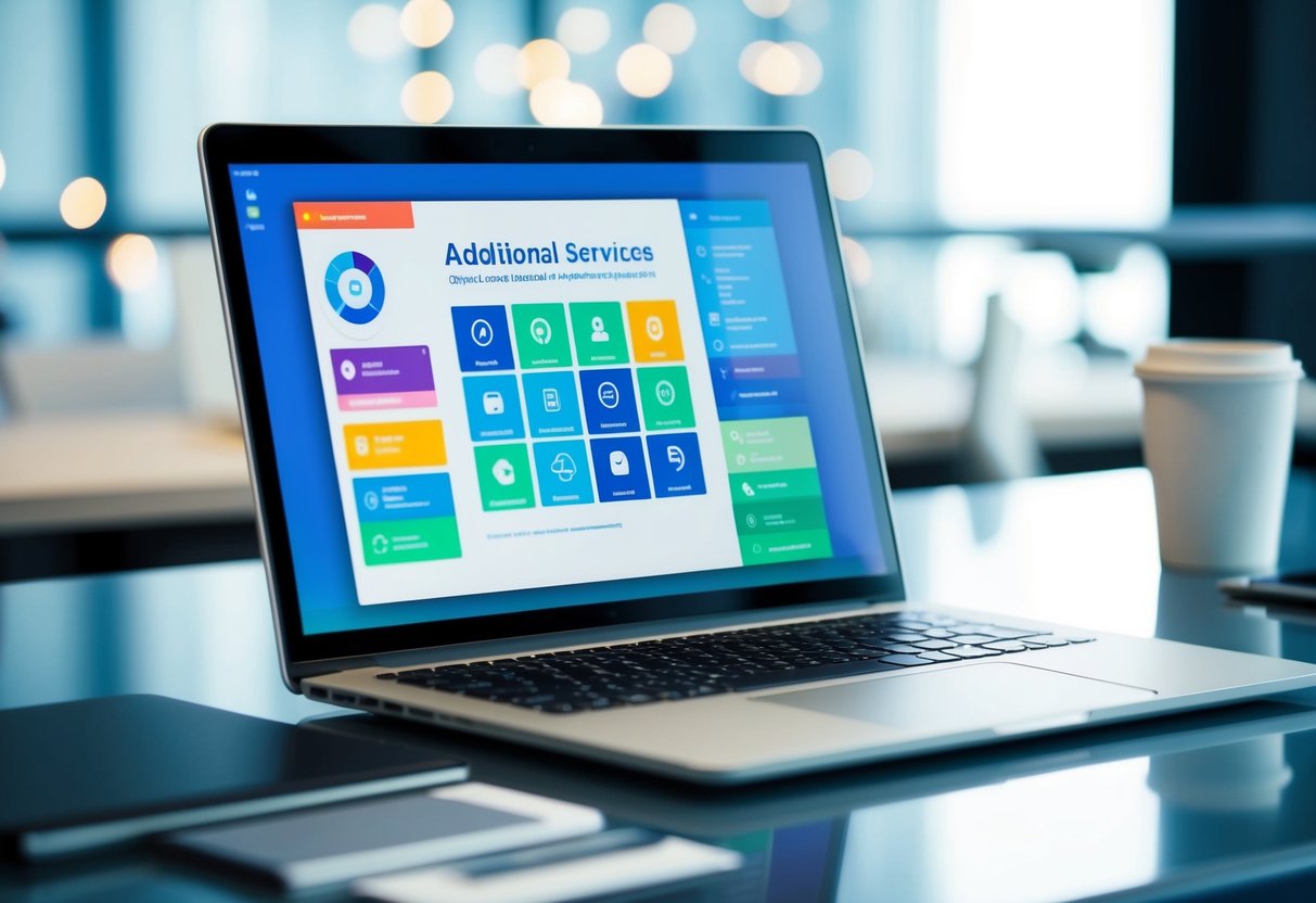 A laptop with a colorful digital interface displaying various options for additional services and enhancements, surrounded by a sleek and modern workspace