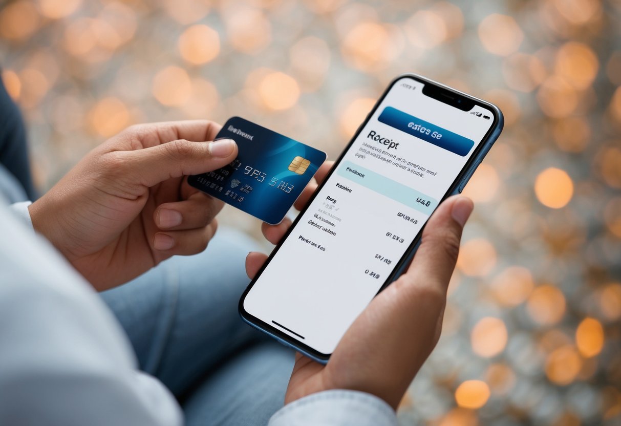 A person using a smartphone to make a purchase with a credit card, while a digital receipt is emailed to them