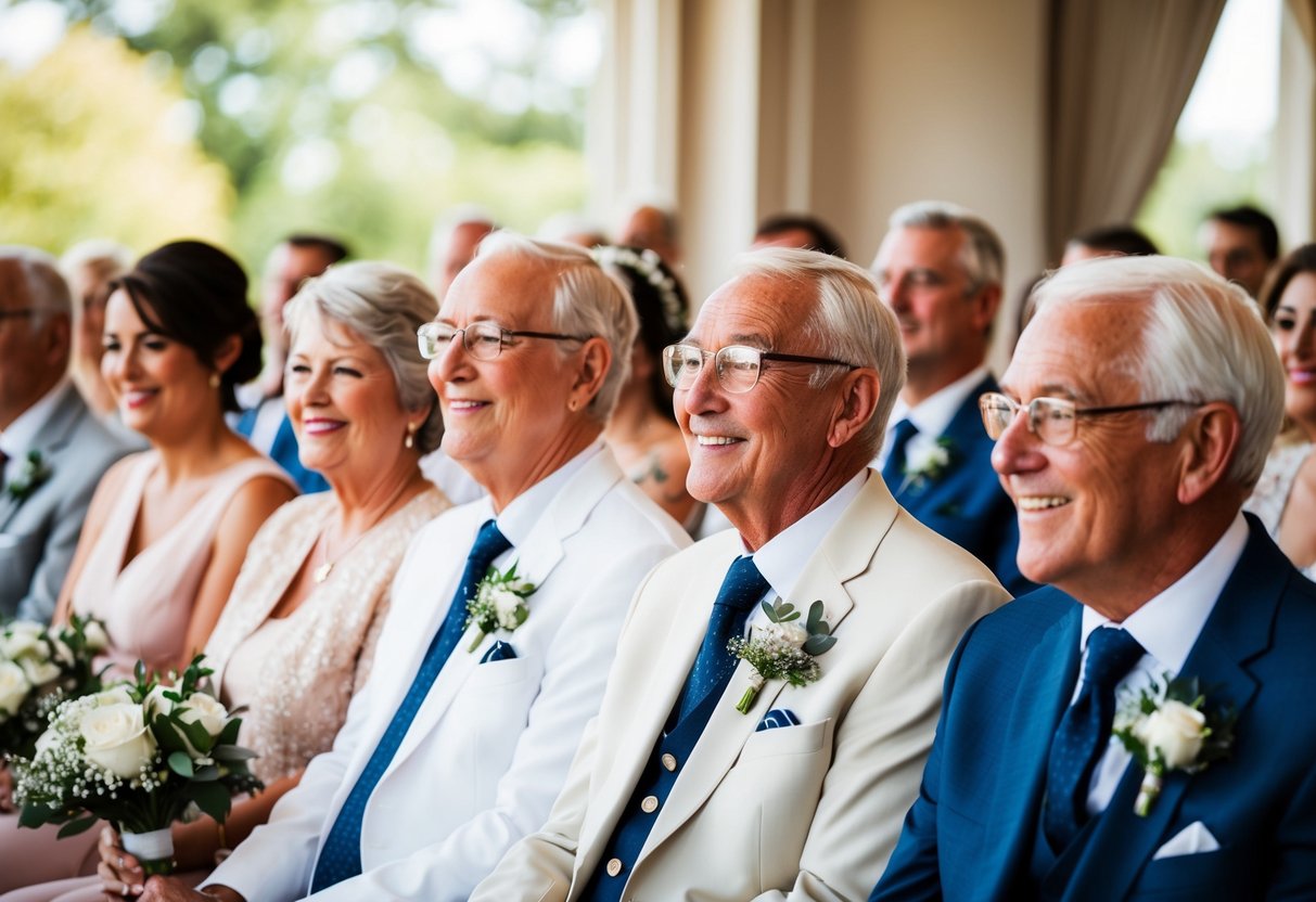 Grandparents sitting in the front row, smiling and watching the wedding ceremony with pride and joy