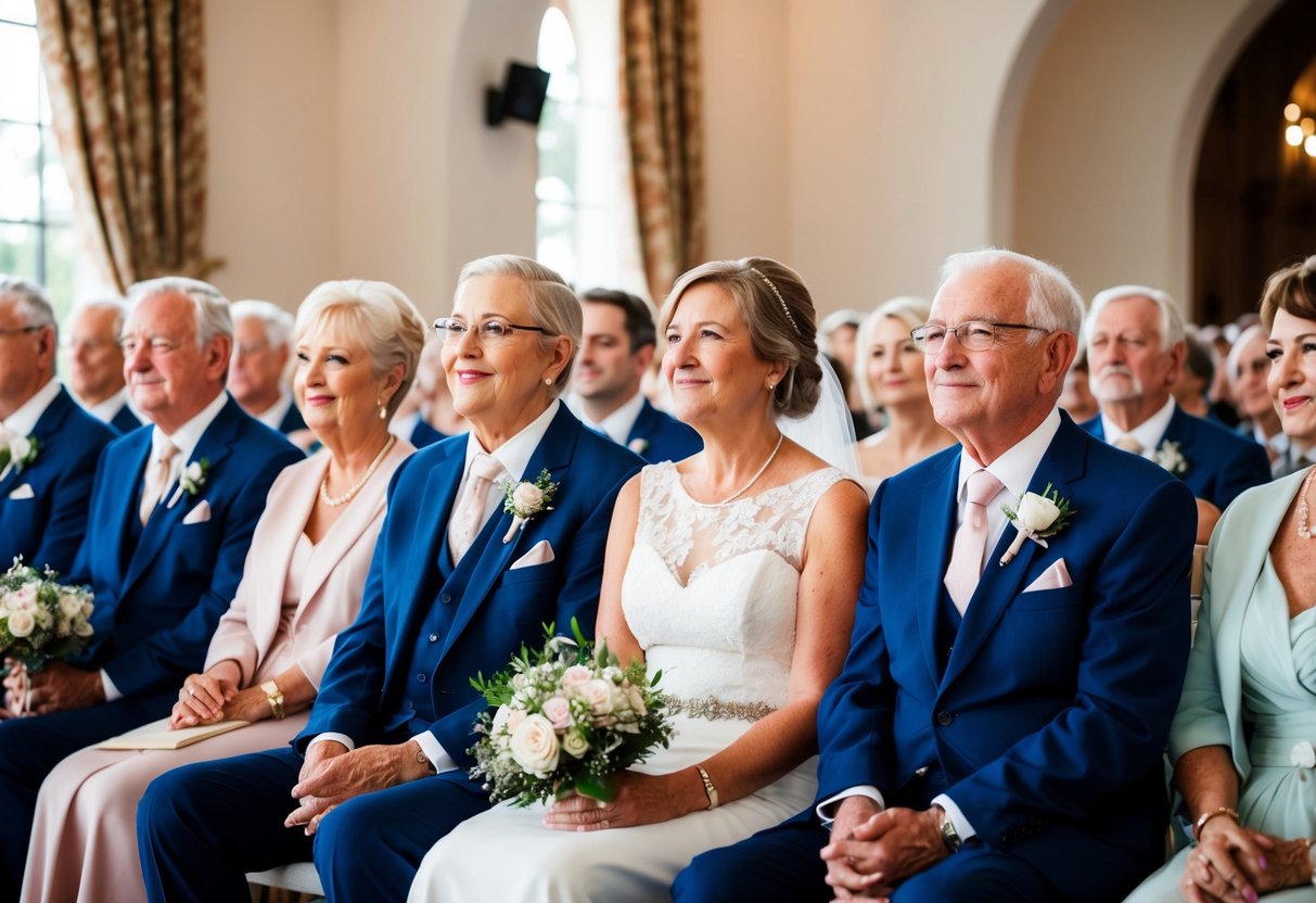 Grandparents sit in the front row, watching the ceremony with pride and joy, offering quiet support and love to the couple