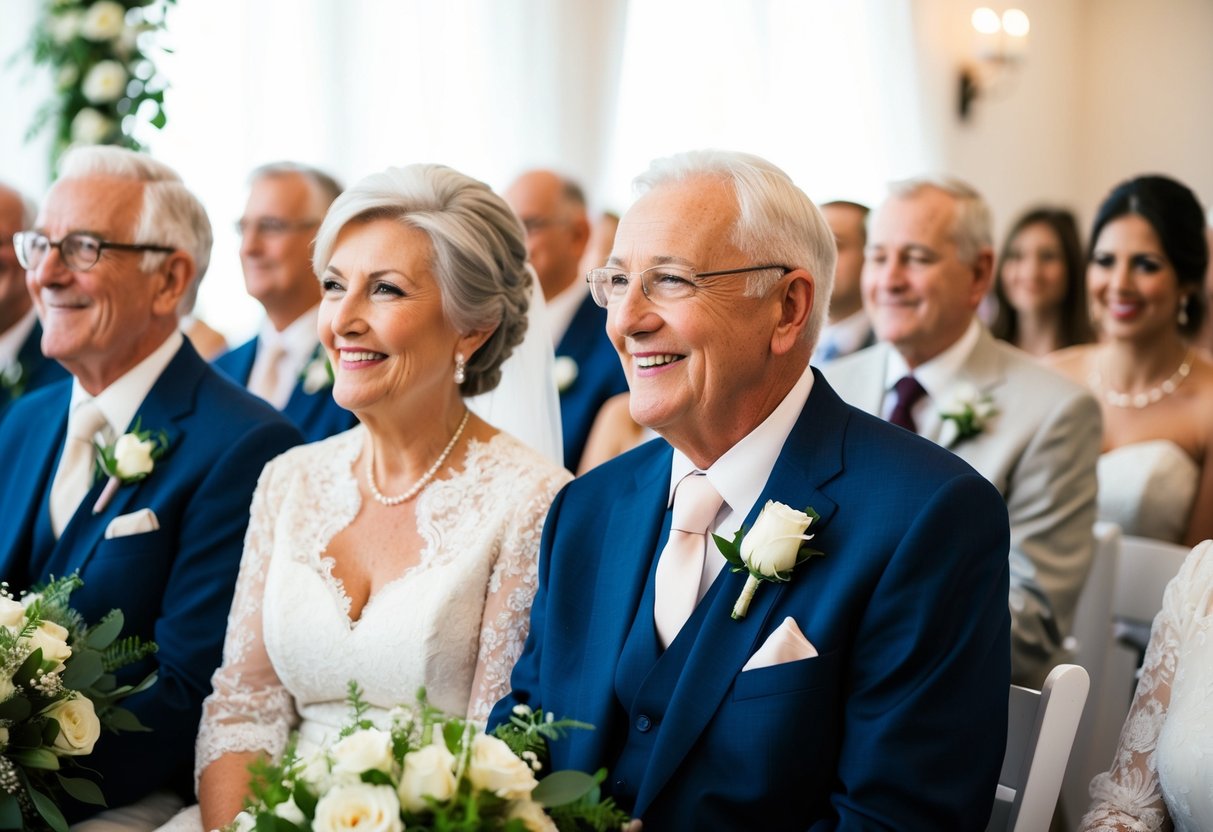 Grandparents sitting in the front row of a wedding ceremony, smiling and watching the bride and groom exchange vows