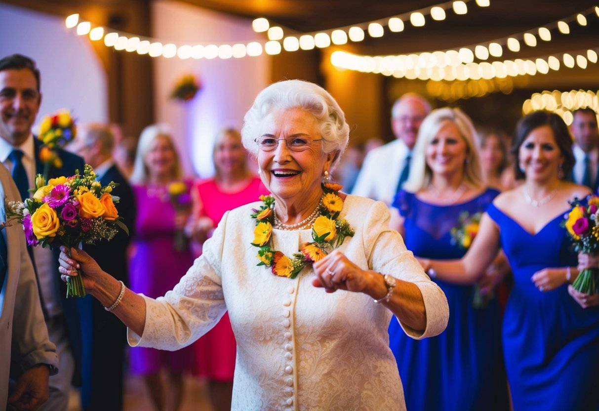 A grandmother can dance joyfully at a wedding, surrounded by colorful flowers and twinkling lights