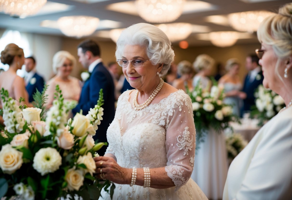 A grandmother admires her elegant gown and pearls, surrounded by floral arrangements and a bustling wedding venue