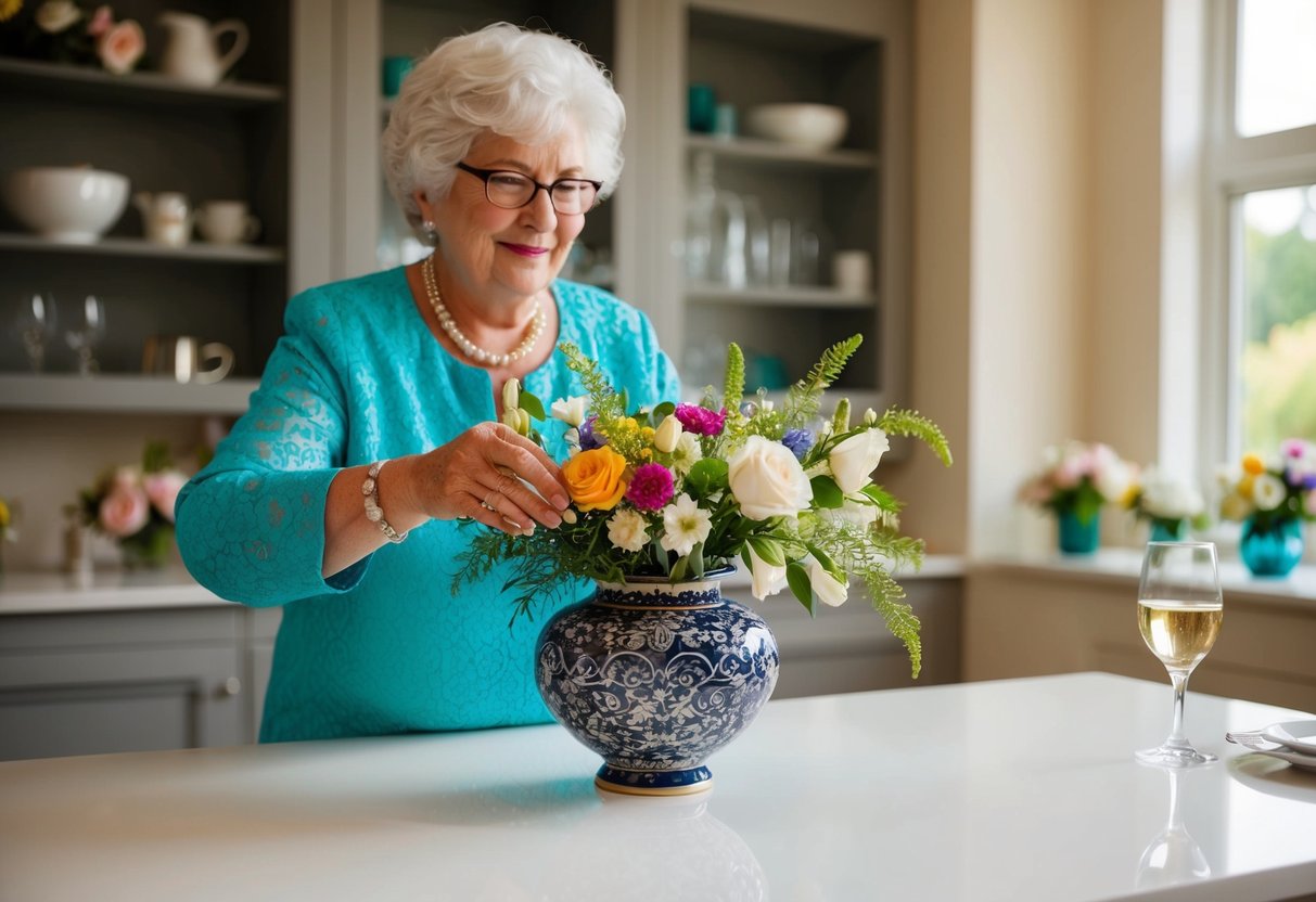 A grandmother can be seen arranging flowers in a decorative vase for the pre-wedding festivities