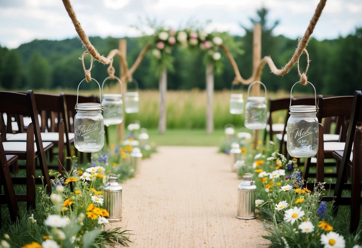 A rustic wedding aisle with mason jar lanterns hanging from shepherd's hooks, surrounded by wildflowers and greenery