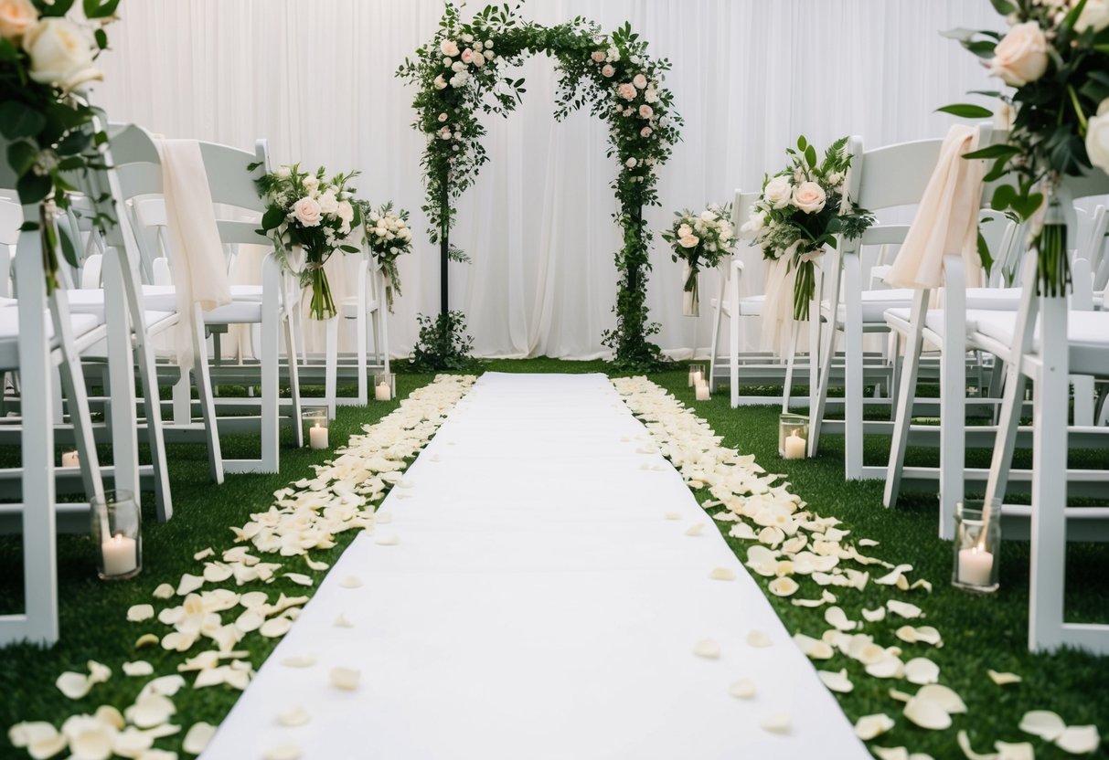 A white aisle runner lined with fresh flower petals and greenery, leading to a simple arch adorned with draped fabric and more flowers