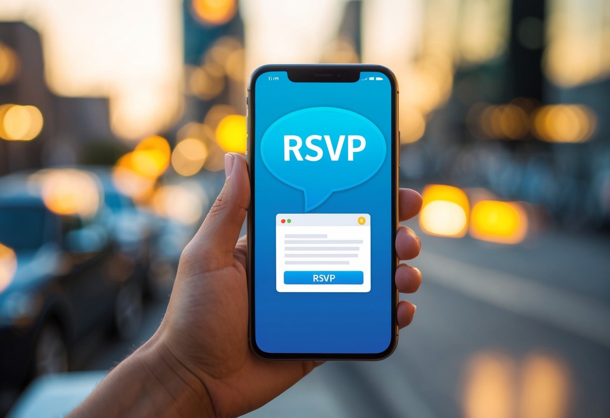 A smartphone with a message bubble and an RSVP button displayed on the screen