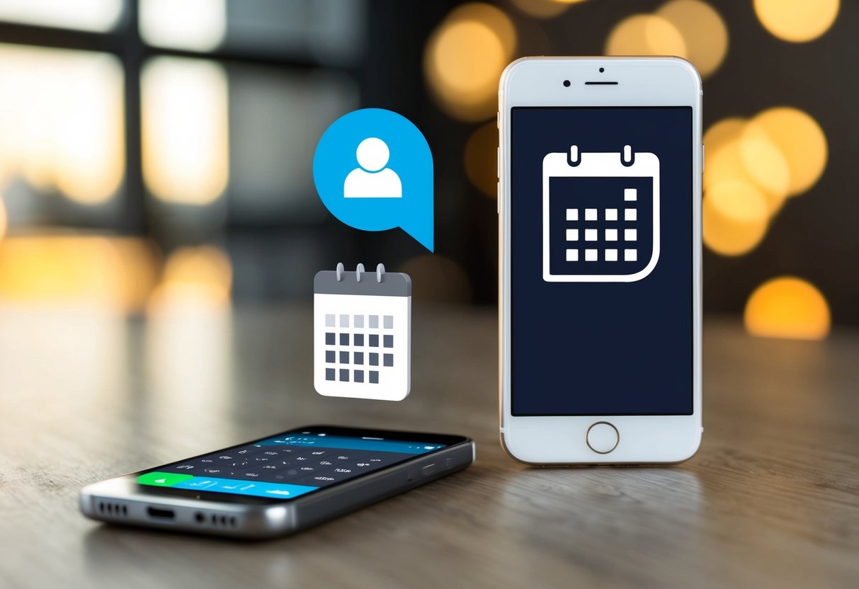 A cellphone with a message icon next to a calendar, indicating an RSVP request for an event
