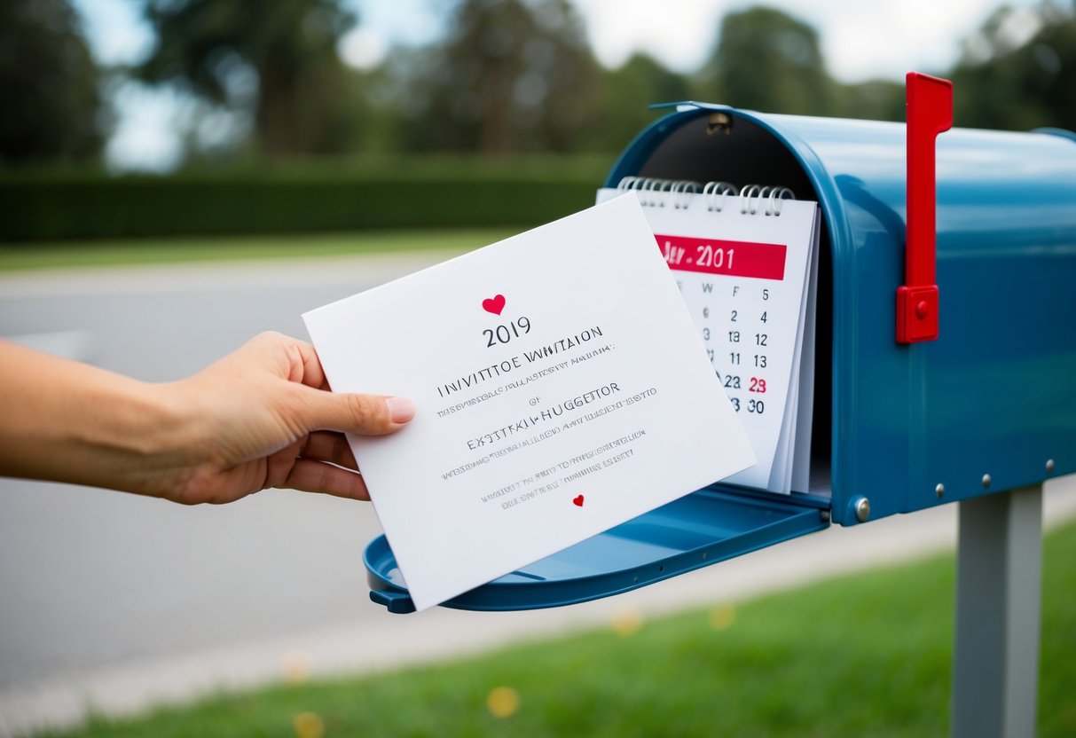 Invitations being placed in a mailbox with a calendar showing the wedding date circled in red