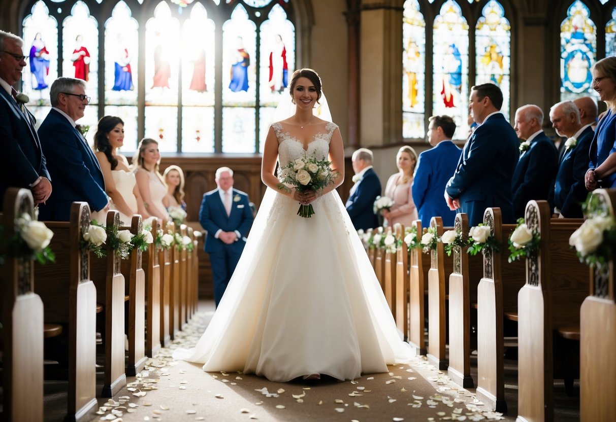 A bride walks down the aisle, petals scattered on the ground, as sunlight streams through stained glass windows