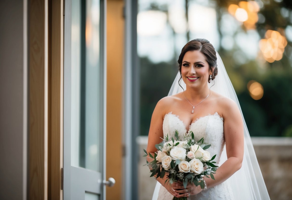 A bride enters from the left, holding a bouquet