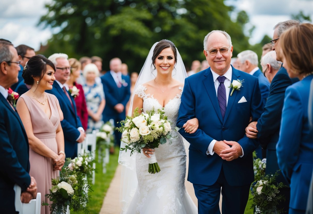 A bride is escorted down the aisle by her father, her arm linked with his