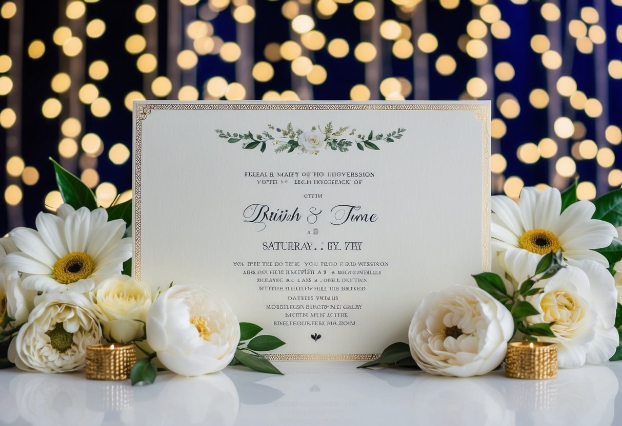 A beautiful wedding invitation with a date and time, surrounded by elegant floral decorations and a traditional British backdrop