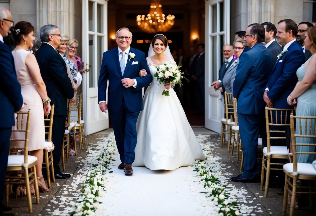 A grand entrance, the bride walks in on her father's arm, a trail of flower petals lining her path