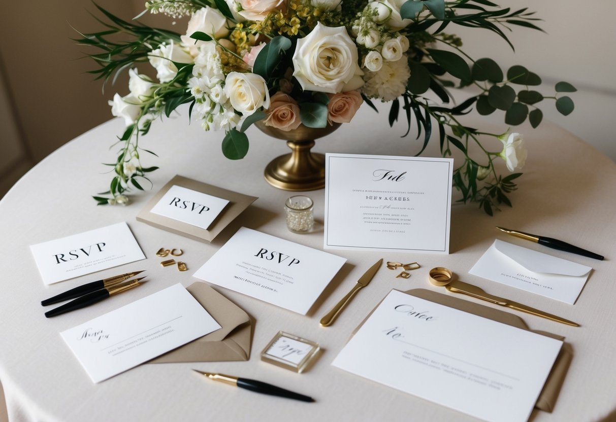 A table set with elegant wedding invitation materials, including RSVP cards and envelopes, surrounded by floral arrangements and calligraphy tools