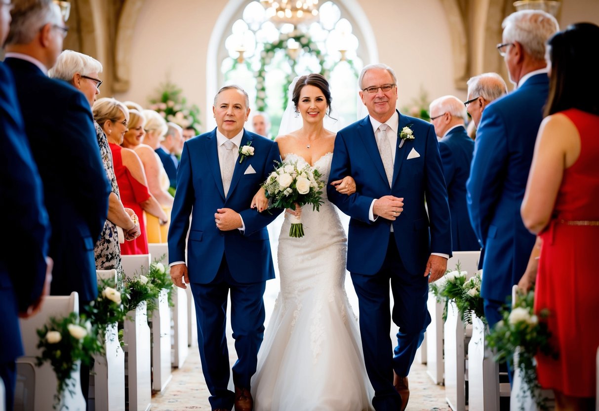 The bride enters the ceremony, her arm linked with her father's, as they walk down the aisle