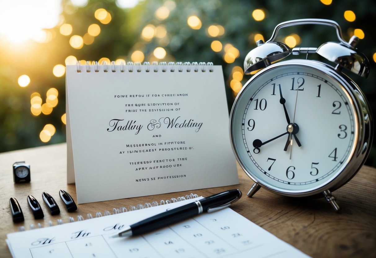 A wedding invitation surrounded by a calendar, pen, and ticking clock, symbolizing the urgency of managing guest RSVPs in the UK