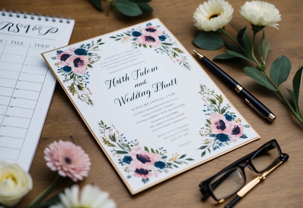 A beautifully decorated wedding invitation with a floral motif and elegant script, surrounded by a calendar and pen, indicating the deadline for RSVP