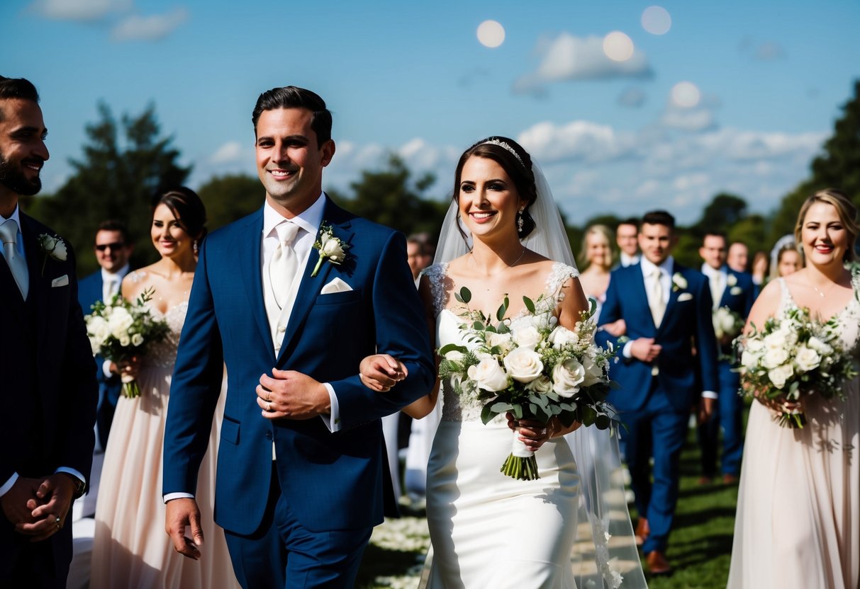 The bride leads the ceremony procession, followed by the groom and wedding party