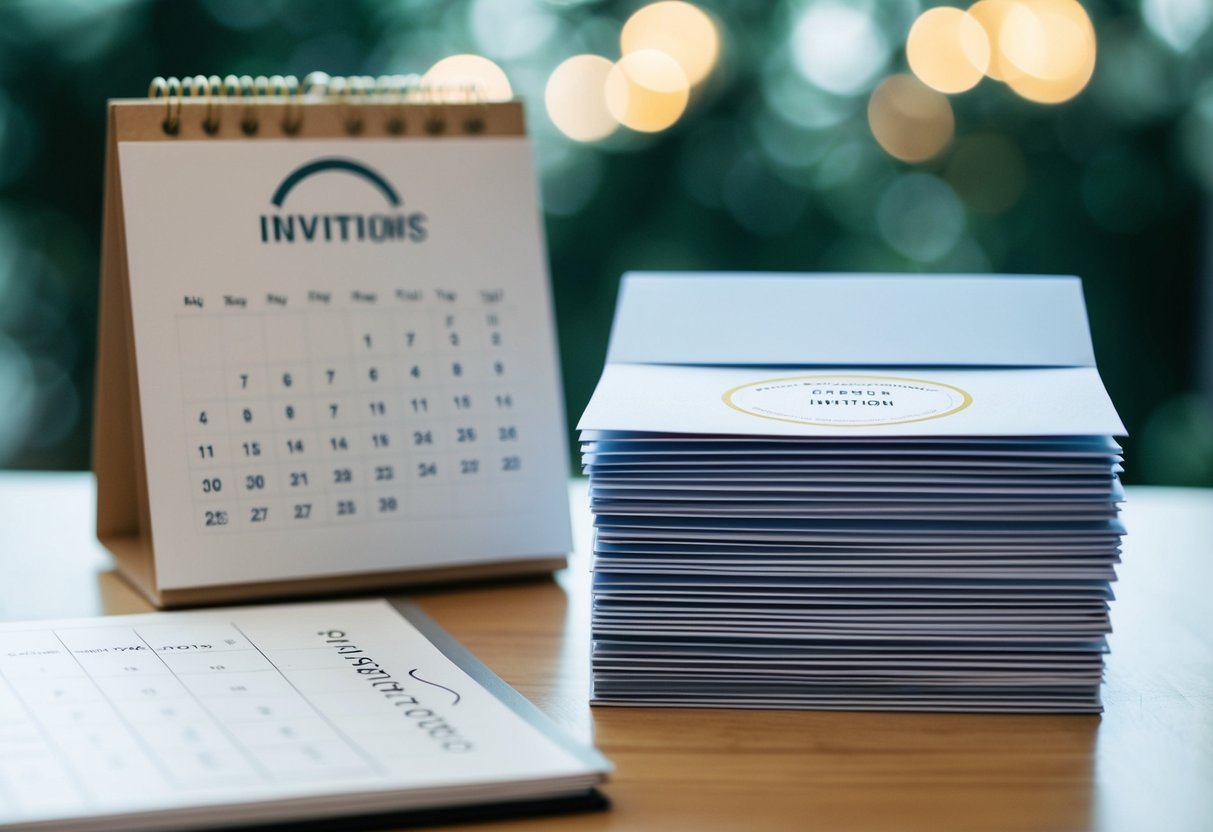 A stack of invitations next to a calendar with a circle around the event date