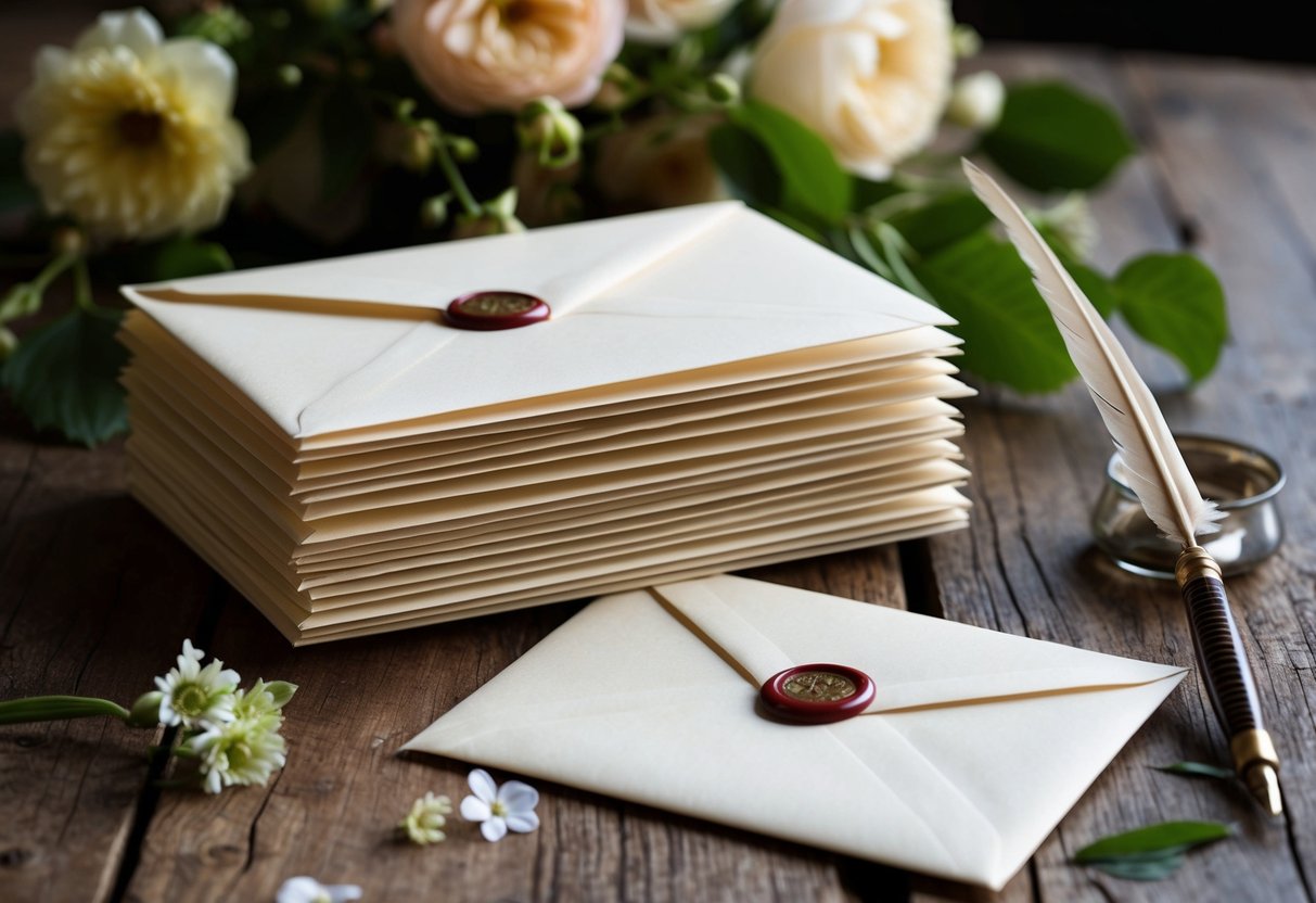 A stack of elegant envelopes, sealed with wax, sits on a rustic wooden table, surrounded by fresh flowers and a vintage quill pen