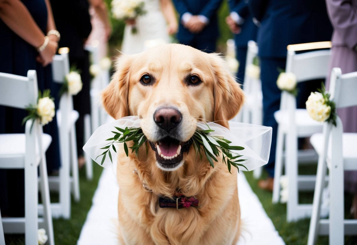 A golden retriever walks proudly down the aisle, carrying the bride's veil in its mouth