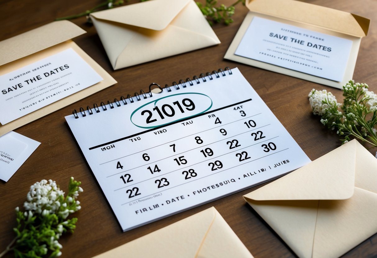 A calendar with a wedding date circled, surrounded by envelopes with invitations and save the dates
