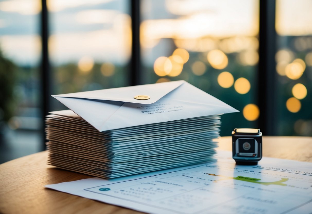 A stack of envelopes with invitations, a calendar with dates circled, and a map of accommodations
